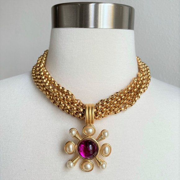 Kenneth Jay Lane Jewelry - Vintage Carolee Gold Necklace and KJL Brooch